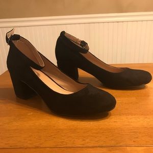 Black suede ankle strap pumps